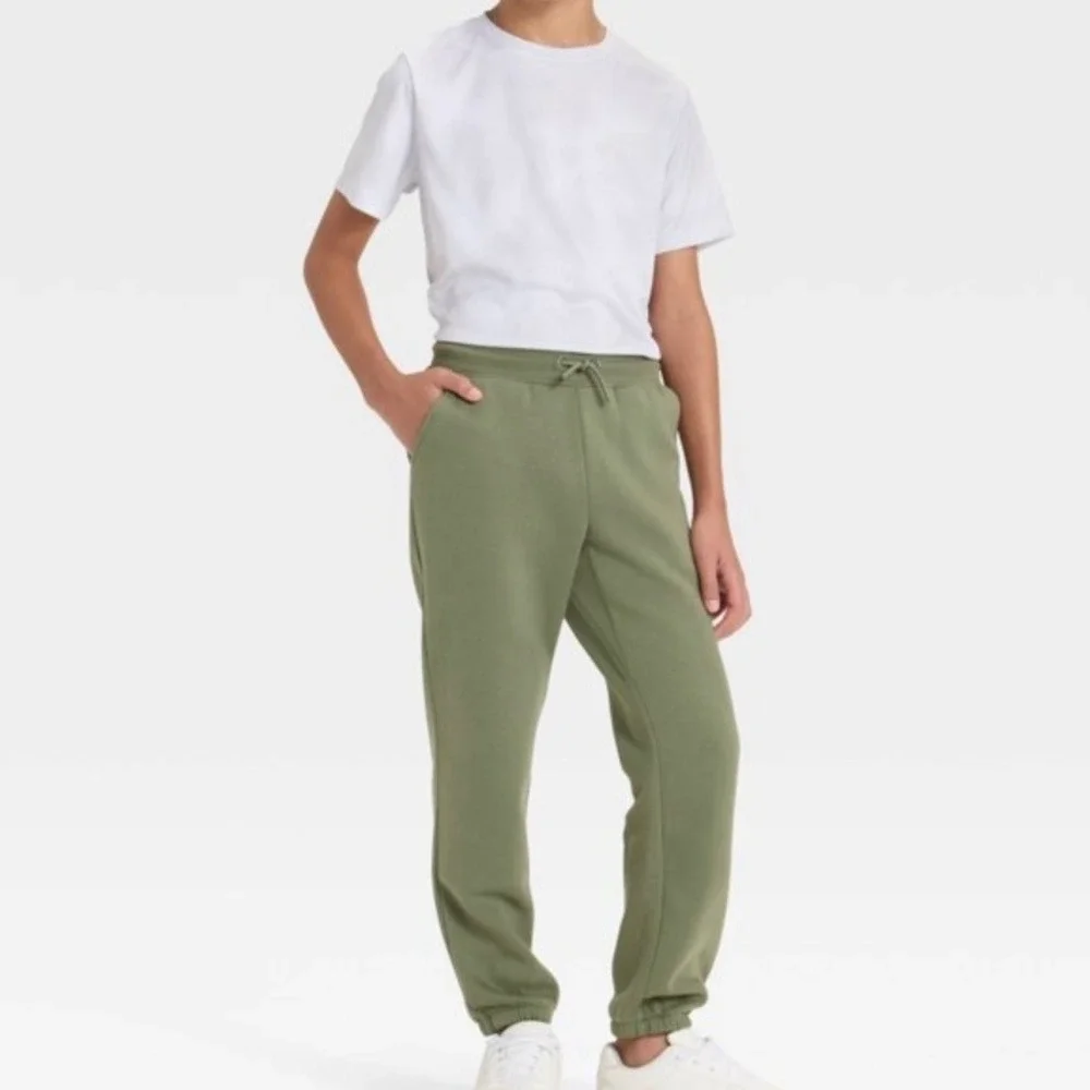 All In Motion Kids Fleece Joggers Olive Green Active Comfort Pants XS 4/5 NEW‎